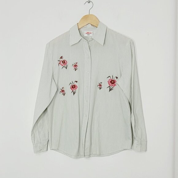 Alia White Green Striped Floral Embroidered Cotton Blend Button Down Shirt 10P - Picture 2 of 13
